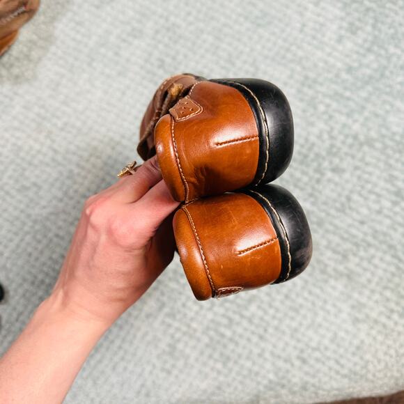 Vintage Warm Brown Leather Strappy Round Toe Clog Flats Comfort Shoes Mary Jane - Picture 4 of 6